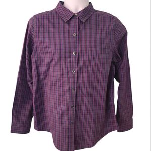 L.L. Bean button-down shirt 100% cotton wrinkle free‎ plaid red purple me…